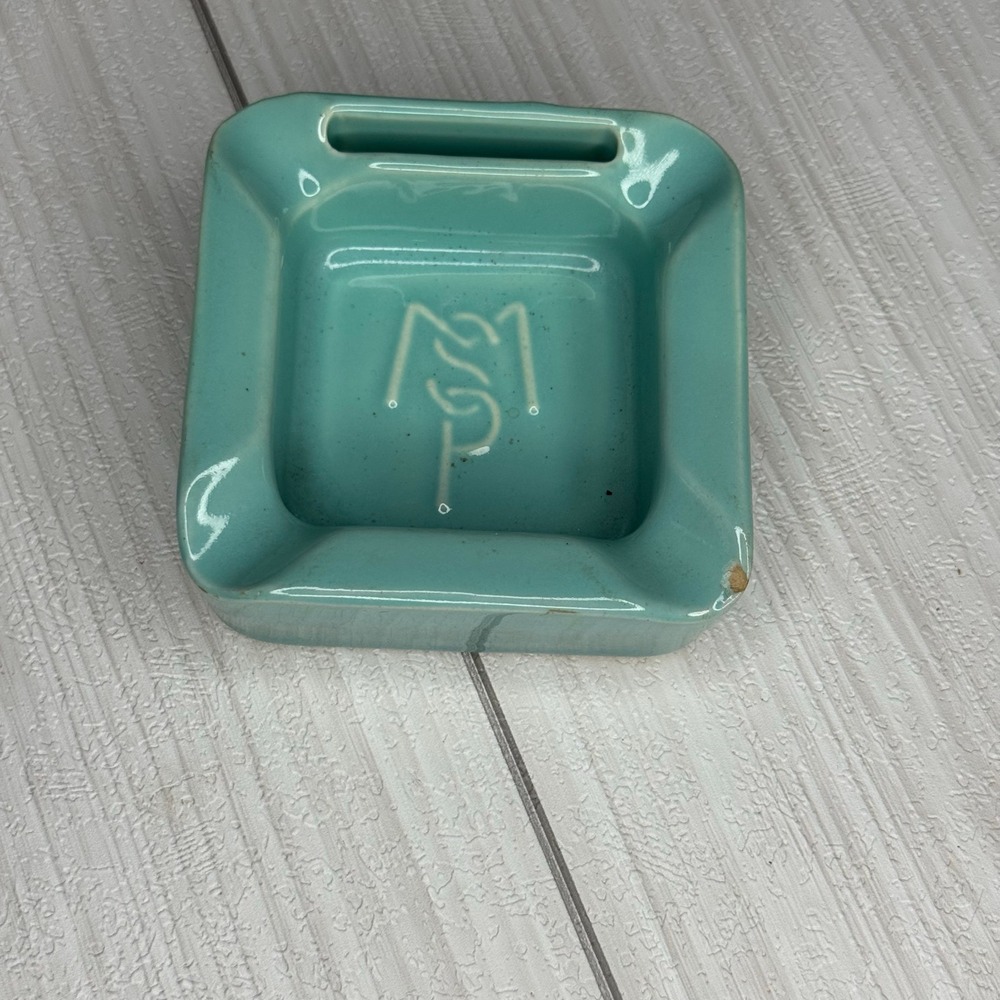 Vintage Aqua Ceramic Ashtray w Cigarette Rest Retro Home Decor Matchbook‎ Holder